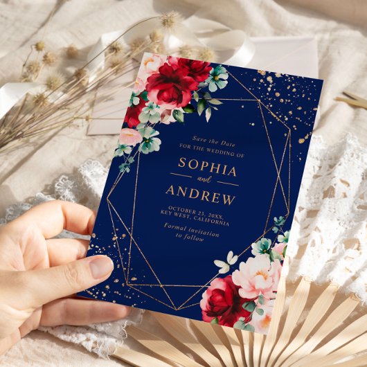 Invitation Rose rouge et or aquarelle florale Enregistrer la 