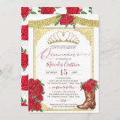 Invitation Rose rouge et or Charra Floral Boot Quinceanera In (Devant / Derrière)