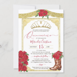 Invitation Rose rouge et or Charra Floral Boot Quinceanera In