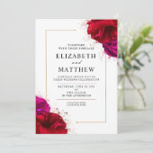 Invitation Rose rouge et rose profonde avec bordure ornée or (Debout devant)