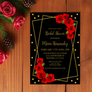 Invitation Rose rouge Fête des mariées noire et or