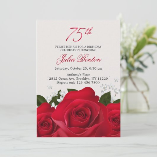 Invitation Rose rouge, fleurs blanches 75e anniversaire (Debout devant)