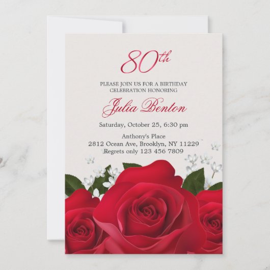 Invitation Rose rouge, fleurs blanches 80e anniversaire (Devant)