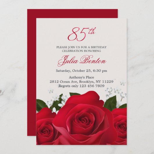 Invitation Rose rouge, fleurs blanches 85e anniversaire (Devant / Derrière)