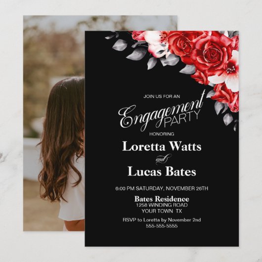 Invitation Rose rouge Floral Black Engagement Party Photo (Devant / Derrière)
