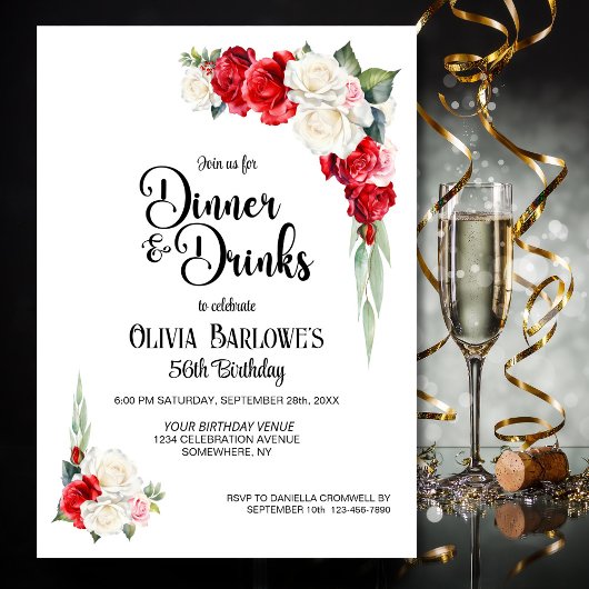 Invitation Rose rouge Floral Dîner et Boissons Anniversaire