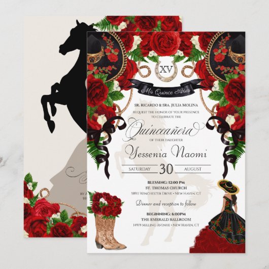 Invitation Rose rouge Floral Mariachi Charro Quinceanera (Devant / Derrière)