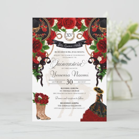 Invitation Rose rouge Floral Mariachi Charro Quinceanera Invi (Debout devant)