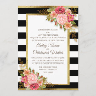 Invitation Rose Rouge Floral Noir Blanc Rayures Or Mariage