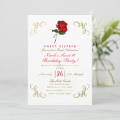 Invitation Rose rouge florale coins dorés fête douce 16 (Debout devant)
