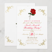 Invitation Rose rouge florale coins dorés fête douce 16 (Devant / Derrière)