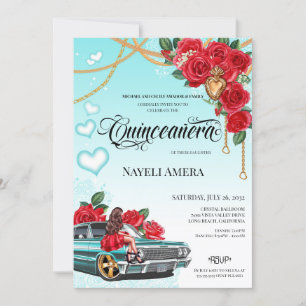 Invitation Rose rouge Lowrider Chola Chicano Quinceanera
