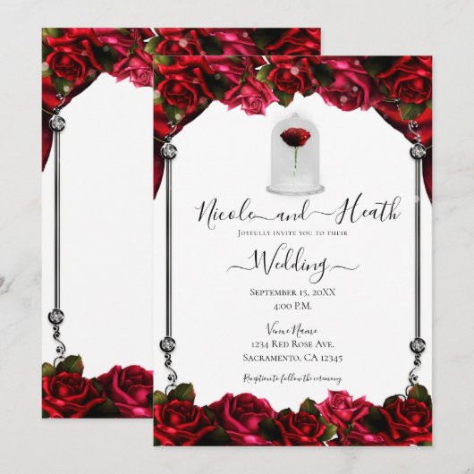 Invitation Rose rouge magique mariage blanc or argent blanc (Devant / Derrière)