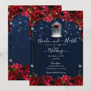 Invitation Rose Rouge Magique Mariage Blanc Or Argent Bleu