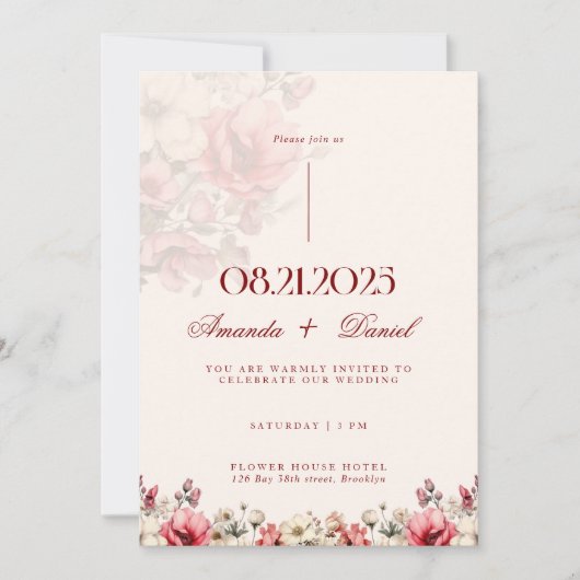 Invitation Rose rouge Mariage esthétique de luxe (Devant)