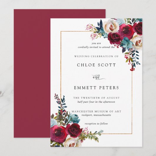 Invitation Rose rouge Mariage floral (Devant / Derrière)