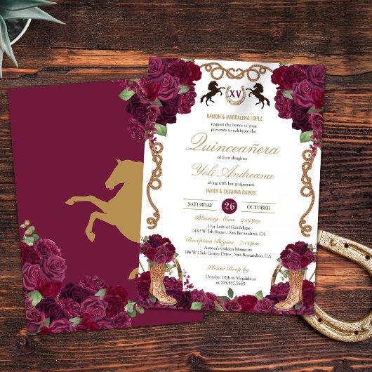 Invitation Rose rouge marron Floral Ouest Charra Quinceanera