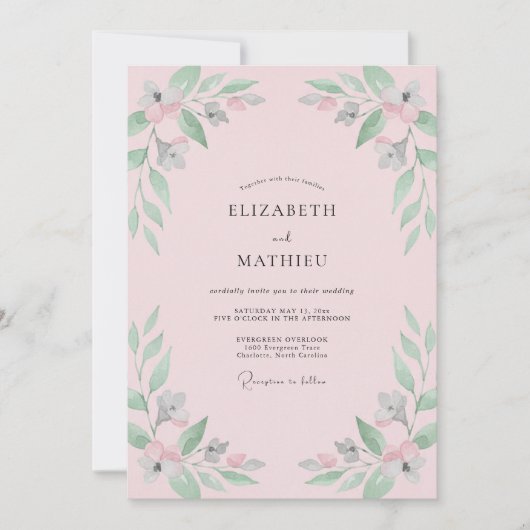 Invitation Rose Rouge Menthe Feuillage Eucalyptus Mariage (Devant)