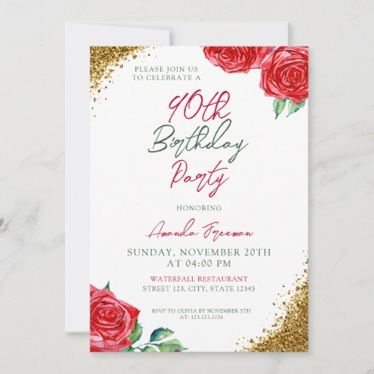 Invitation Rose rouge moderne 90e anniversaire (Devant)