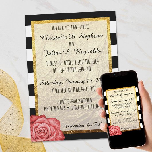 Invitation Rose rouge moderne faux papier d'or rayé mariage