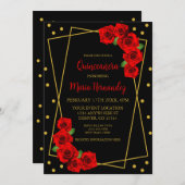Invitation Rose rouge Noir et or Quinceañera (Devant / Derrière)