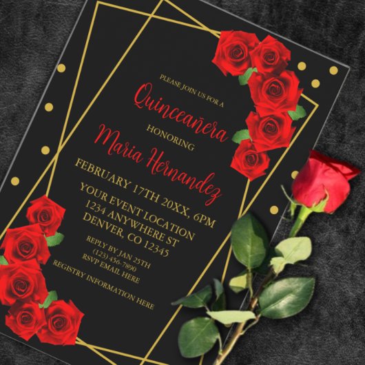 Invitation Rose Rouge Noir et Or Quinceañera