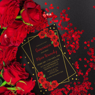 Invitation Rose rouge Noir et or Quinceañera
