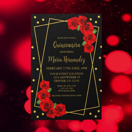 Invitation Rose Rouge Noir et Or Quinceañera