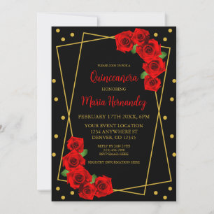 Invitation Rose rouge Noir et or Quinceañera