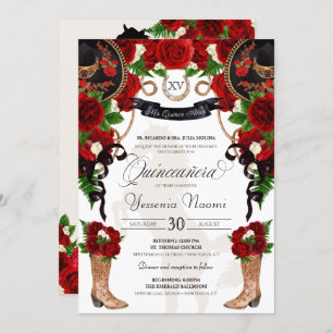 Invitation Rose rouge Noir Mariachi Ouest Charro Quinceanera
