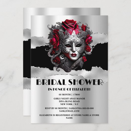Invitation Rose rouge noir mascarade douche nuptiale (Devant / Derrière)