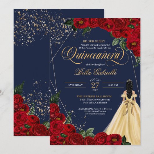 Invitation Rose rouge or beauté & la bête Quinceañera (Devant / Derrière)