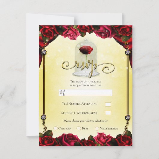 Invitation Rose Rouge Or Jaune Princesse Réponse Soirée Étinc (Devant)