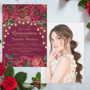 Invitation Rose Rouge Or Lumière de Corde Étoile Photo Quince