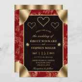 Invitation Rose rouge & or Motif et Mariage de coeur or (Devant / Derrière)