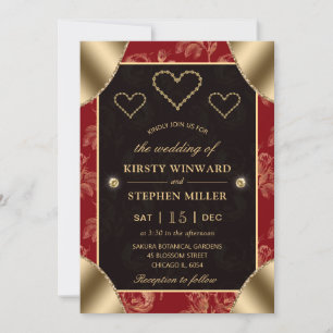 Invitation Rose rouge & or Motif et Mariage de coeur or