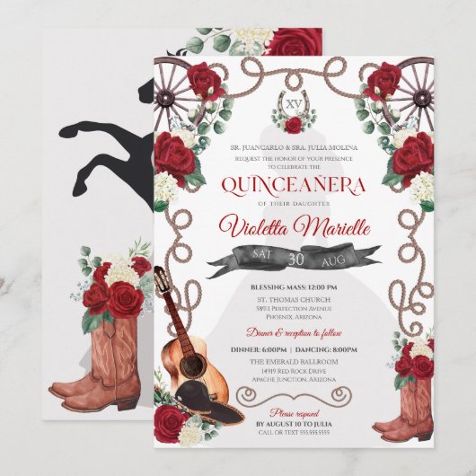 Invitation Rose rouge Ouest Quinceañera Elegant Charra (Devant / Derrière)
