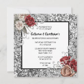Invitation Rose rouge pailleté d'argent scintillant roses vin (Devant)