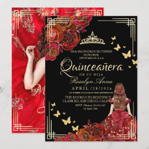 Invitation Rose Rouge Papillon Or Quinceañera Or Noir Et Or