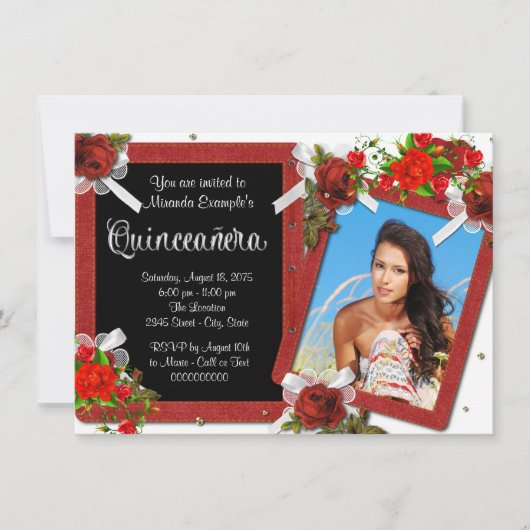 Invitation Rose rouge photo Quinceanera (Devant)