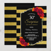 Invitation Rose rouge rayé Surprise 30e anniversaire Dîner (Devant / Derrière)