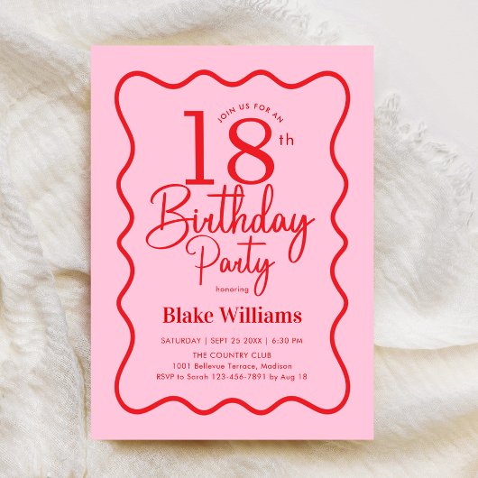 Invitation Rose Rouge Rétro 18e Anniversaire Bordure Ondulée