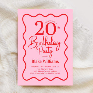 Invitation Rose Rouge Rétro 20e Anniversaire Bordure Ondulée