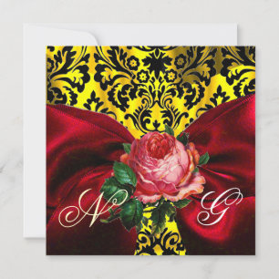 INVITATION ROSE ROUGE RIBBON OR JAUNE BLACK DAMASK MONOGRAM