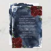 Invitation Rose rouge romantique et Mariage d'aquarelle marin (Devant / Derrière)
