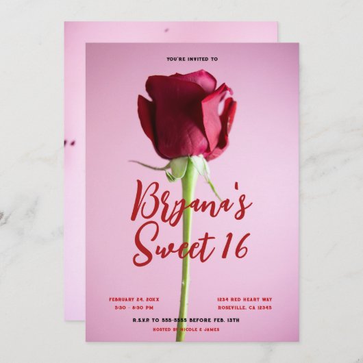 Invitation Rose rouge rose douce 16 fête d'anniversaire (Devant / Derrière)