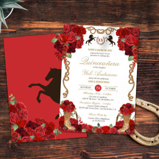 Invitation Rose rouge rustique Élégant Charro Quinceañera
