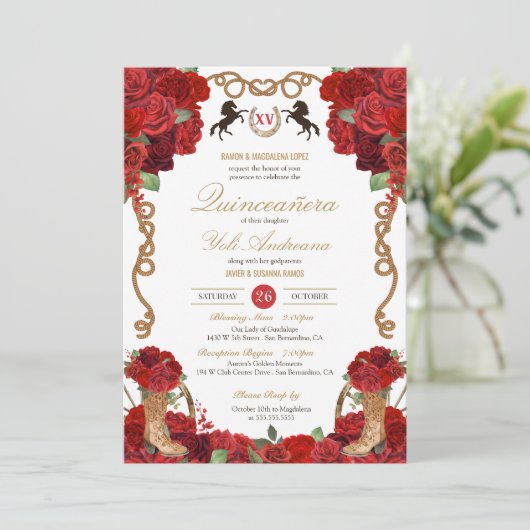 Invitation Rose rouge rustique Élégant Charro Quinceañera (Debout devant)
