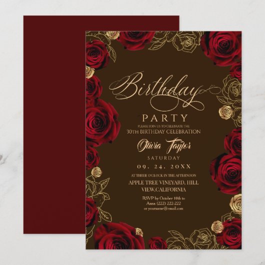 Invitation Rose rouge script burgundy rustique Anniversaire (Devant / Derrière)