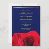 Invitation Rose rouge sur bleu profond | Mariage photo Gold F (Devant)